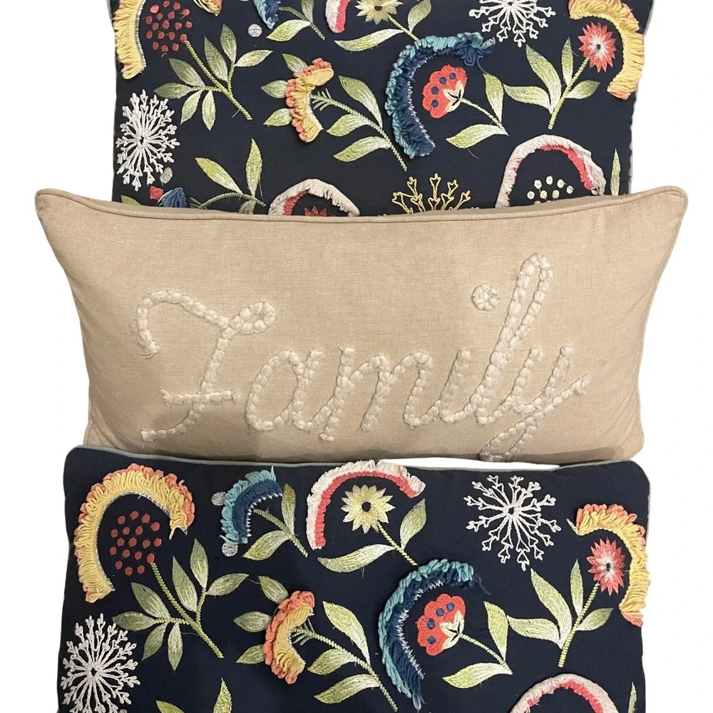 Set of 3 Decorative Throw Pillows‎ Family Beige Embroidered Floral Navy 10